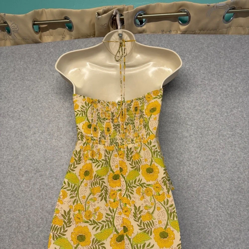 ASTR the Label Maxi Dress Womens XS Yellow Floral Halter Boho Tier Ruffle Flirty